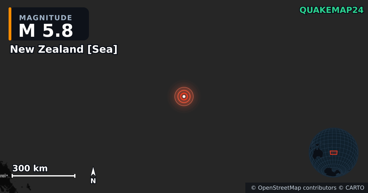 M5.8 earthquake near New Zealand [Sea] on Apr 5, 2026 — map of epicenter and shaking intensity | QuakeMap24