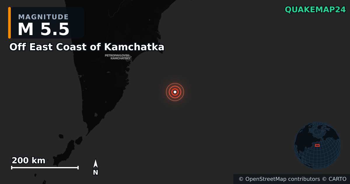 M5.5 earthquake near Off East Coast of Kamchatka on Jul 31, 2025 — map of epicenter and shaking intensity | QuakeMap24
