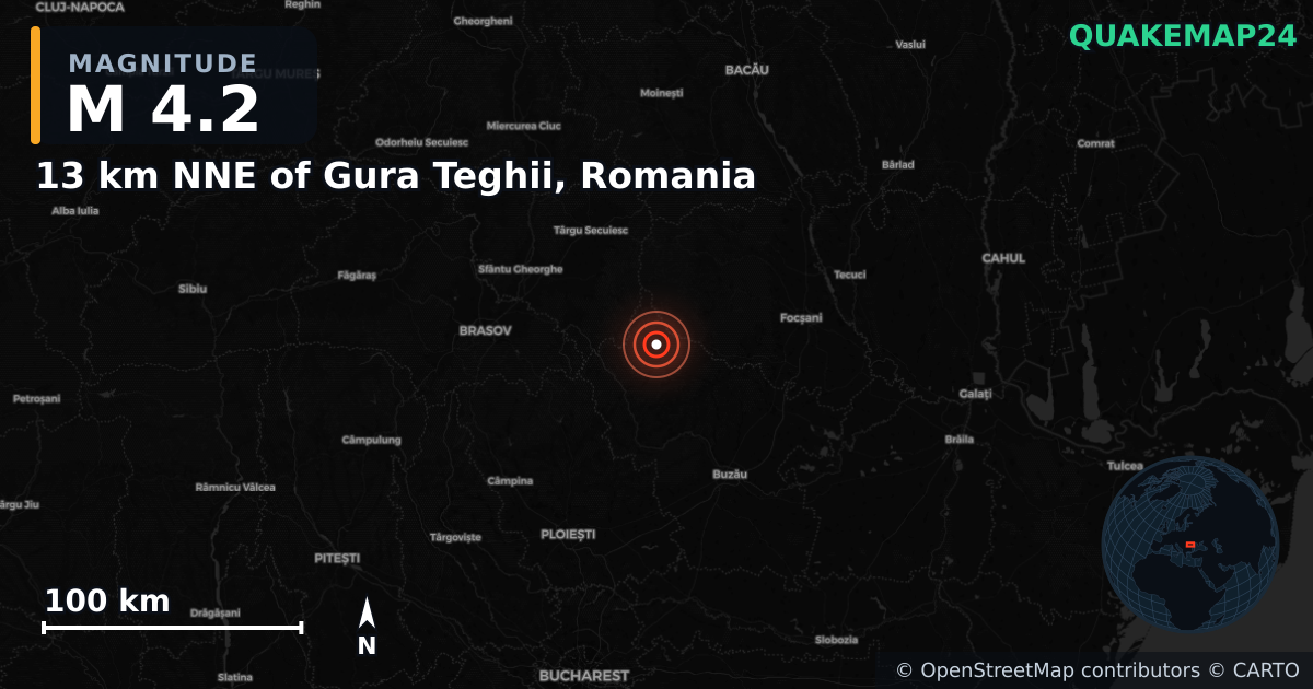 M4.2 earthquake near 13 km NNE of Gura Teghii, Romania on May 11, 2025 — map of epicenter and shaking intensity | QuakeMap24