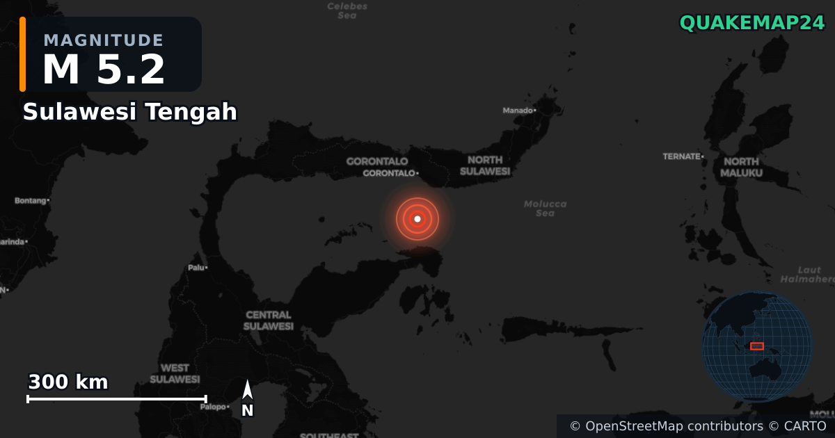 M5.2 earthquake near Sulawesi Tengah on Jun 4, 2026 — map of epicenter and shaking intensity | QuakeMap24