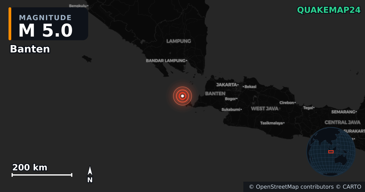 M5.0 earthquake near Banten on Jun 21, 2025 — map of epicenter and shaking intensity | QuakeMap24