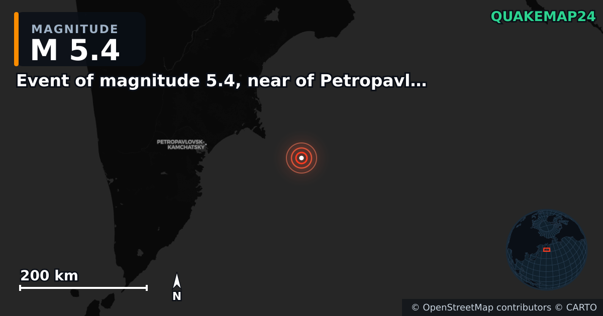 M5.4 earthquake near Event of magnitude 5.4, near of Petropavlovsk Kamchatskiy (Monde) on Jan 10, 2026 — map of epicenter and shaking intensity | QuakeMap24