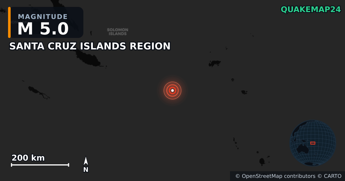 M5.0 earthquake near SANTA CRUZ ISLANDS REGION on Nov 20, 2025 — map of epicenter and shaking intensity | QuakeMap24
