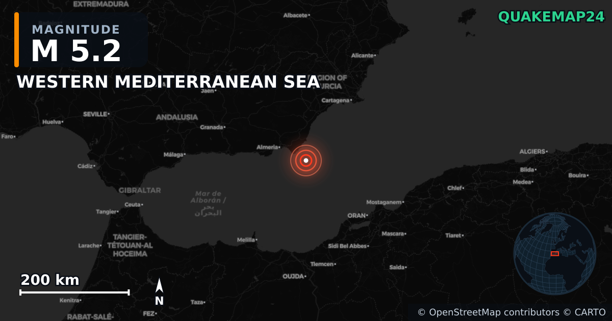 WESTERN MEDITERRANEAN SEA yakınında M5,2 deprem — Deprem merkez üssünün konumunu gösteren harita