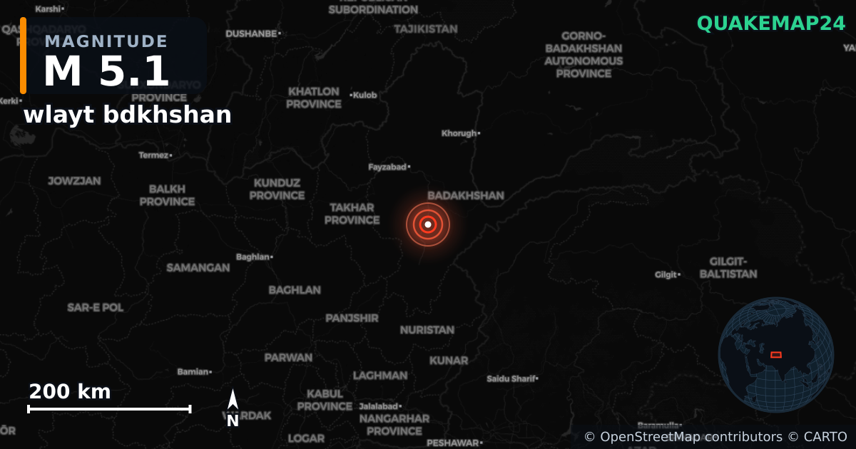M5.1 earthquake near wlayt bdkhshan on Aug 19, 2025 — map of epicenter and shaking intensity | QuakeMap24