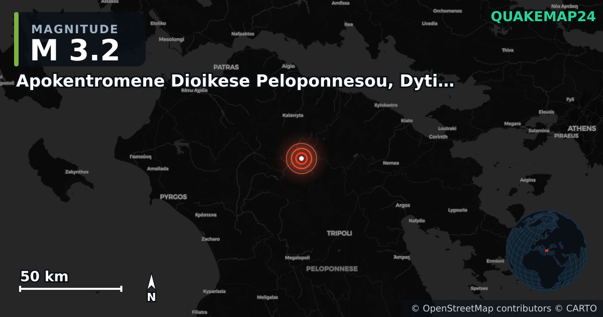 M3.2 earthquake near Apokentromene Dioikese Peloponnesou, Dytikes Elladas kai Ioniou on Nov 12, 2025 — map of epicenter and shaking intensity | QuakeMap24