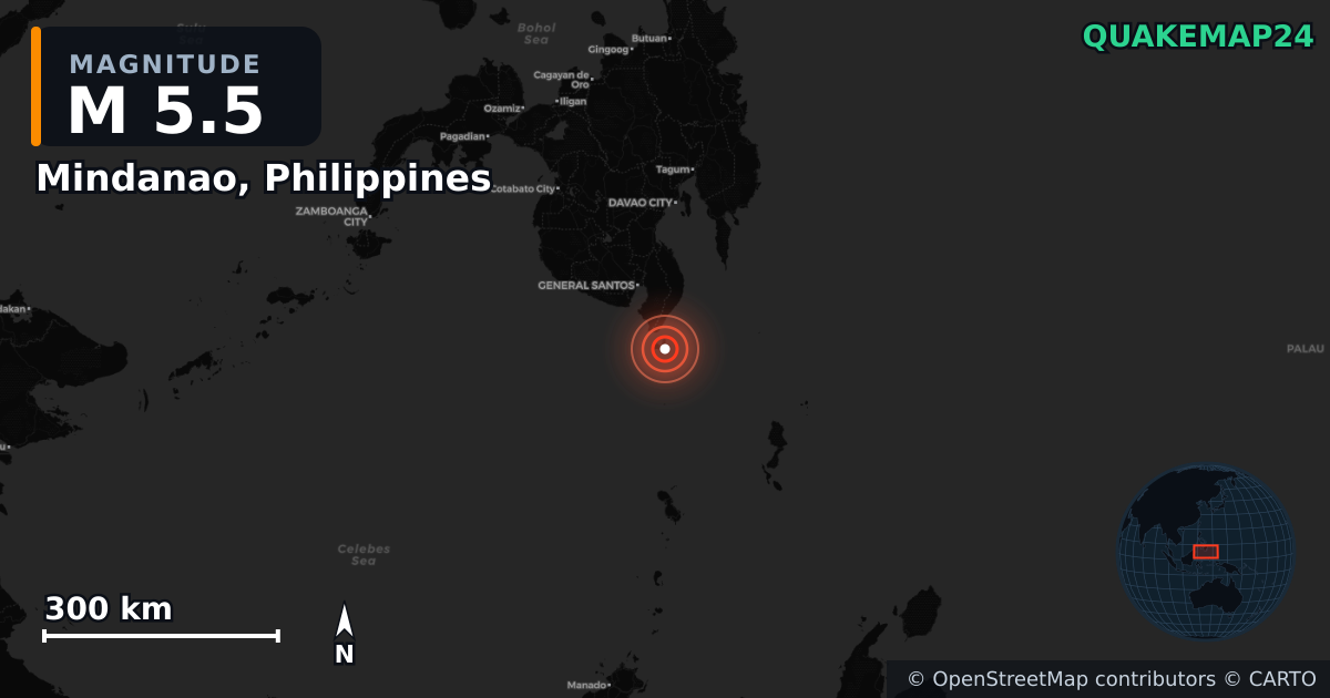 M5.5 earthquake near Mindanao, Philippines on Jun 8, 2026 — map of epicenter and shaking intensity | QuakeMap24