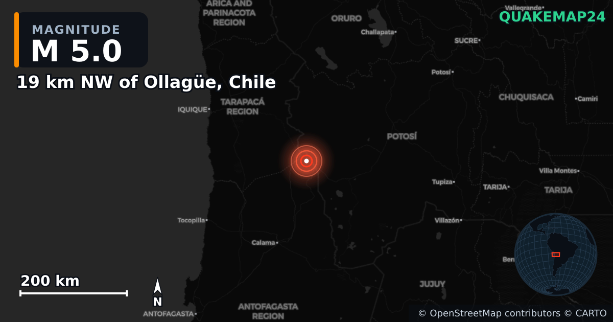 M5.0 earthquake near 19 km NW of Ollagüe, Chile on Apr 8, 2025 — map of epicenter and shaking intensity | QuakeMap24