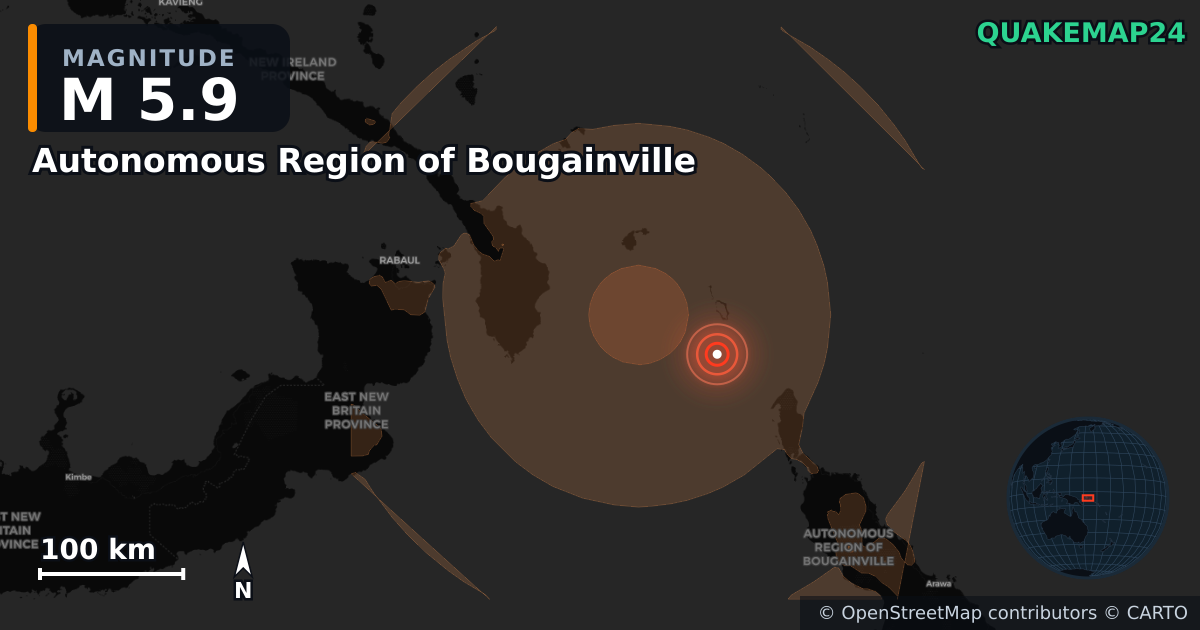 M5.9 earthquake near Autonomous Region of Bougainville on Sep 5, 2026 — map of epicenter and shaking intensity | QuakeMap24
