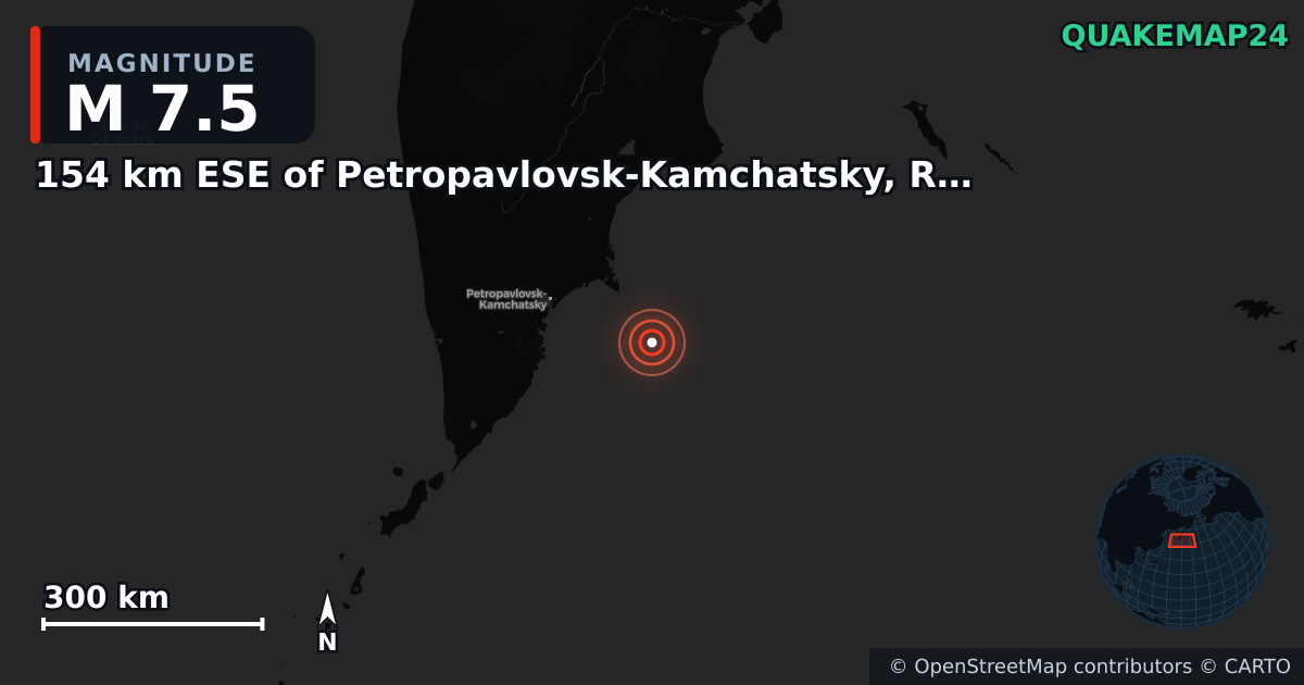 M7.5 earthquake near 154 km ESE of Petropavlovsk-Kamchatsky, Russia on Jul 20, 2025 — map of epicenter and shaking intensity | QuakeMap24