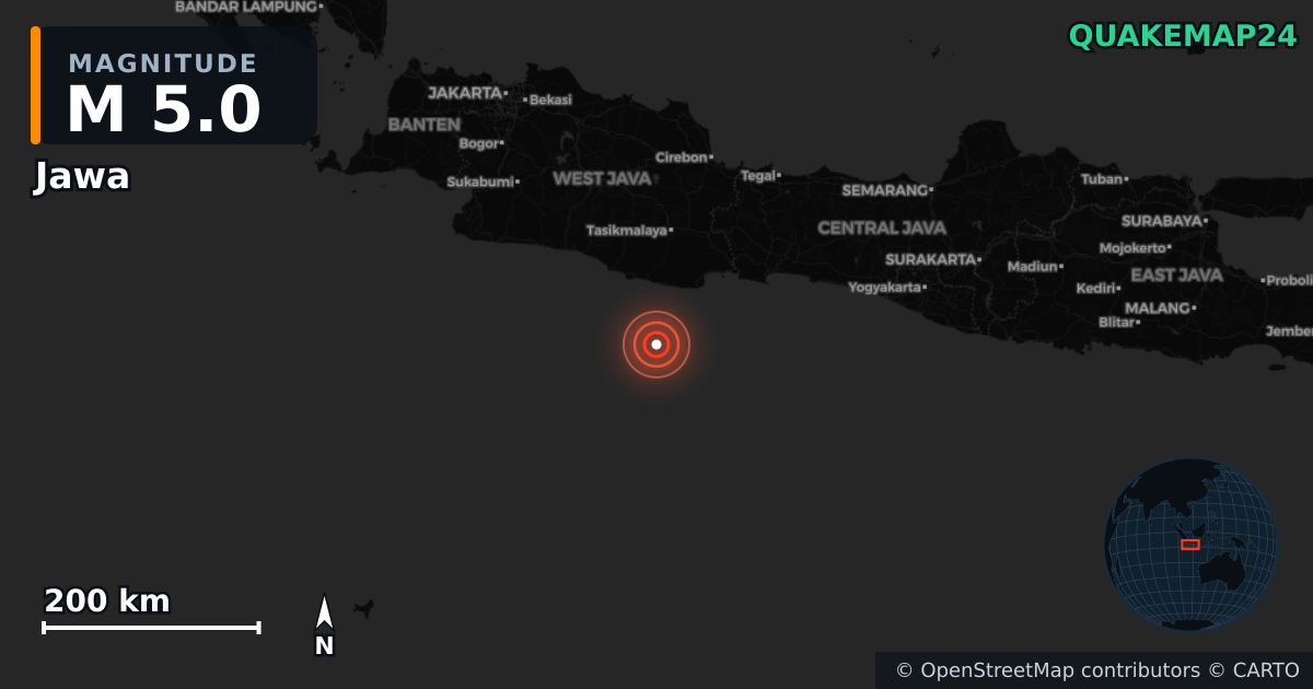 M5.0 earthquake near Jawa on Feb 17, 2026 — map of epicenter and shaking intensity | QuakeMap24