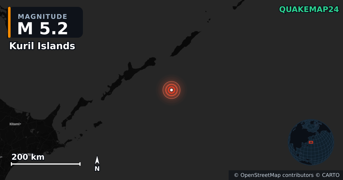 M5.2 earthquake near Kuril Islands on Jan 13, 2026 — map of epicenter and shaking intensity | QuakeMap24
