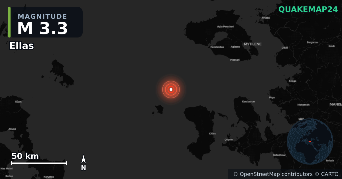 M3.3 earthquake near Ellas on Sep 22, 2025 — map of epicenter and shaking intensity | QuakeMap24
