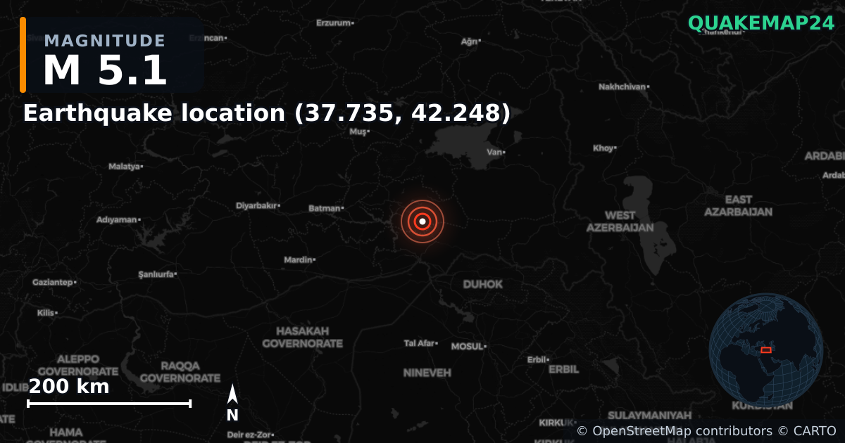 M5.1 earthquake near Erdbeben-Standort (37.735, 42.248) on Apr 4, 2026 — map of epicenter and shaking intensity | QuakeMap24