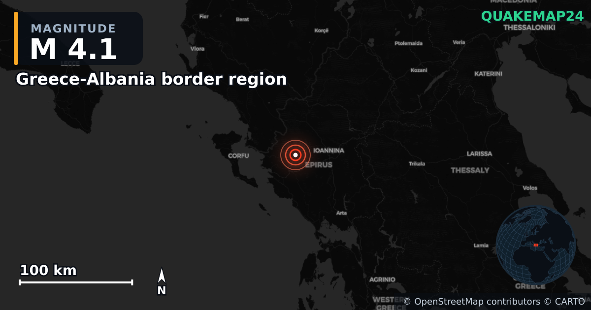 M4.1 earthquake near Greece-Albania border region on Mar 17, 2026 — map of epicenter and shaking intensity | QuakeMap24