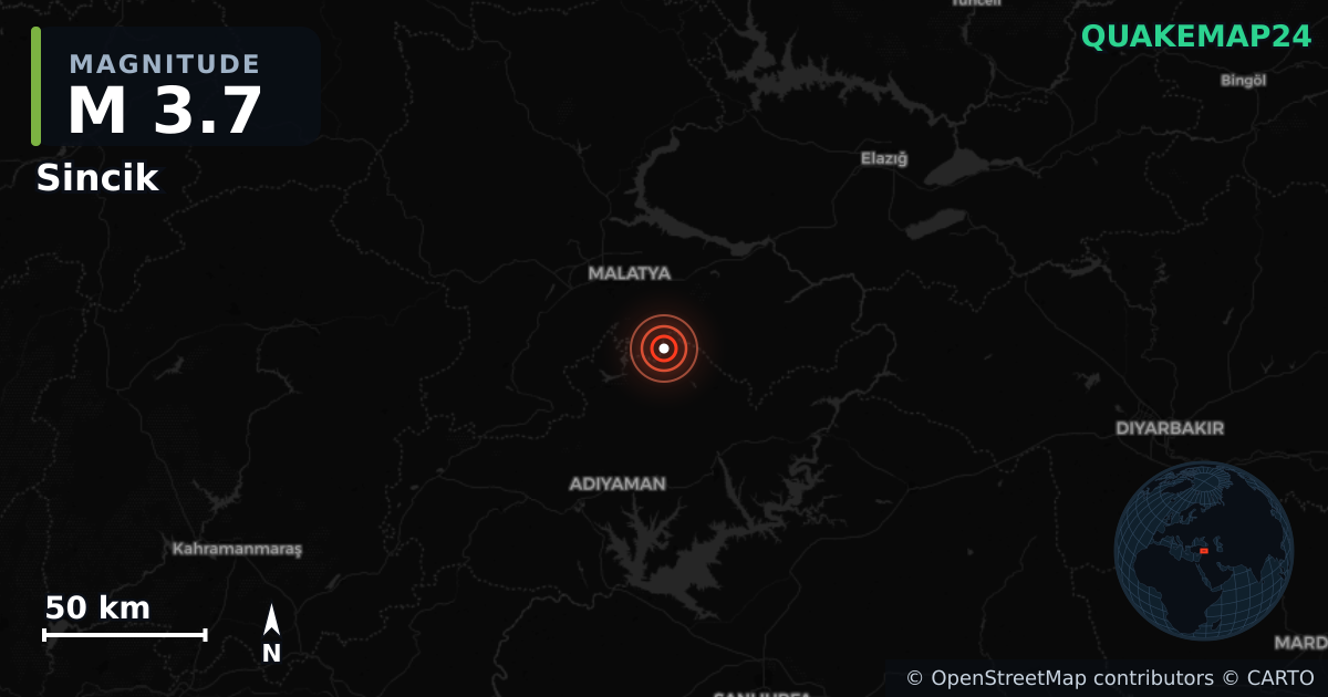 M3.7 earthquake near Sincik on Jul 5, 2026 — map of epicenter and shaking intensity | QuakeMap24