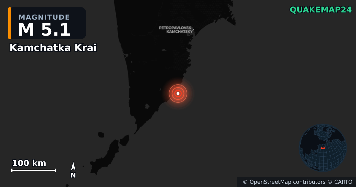 M5.1 earthquake near Kamchatka Krai on Jul 24, 2026 — map of epicenter and shaking intensity | QuakeMap24