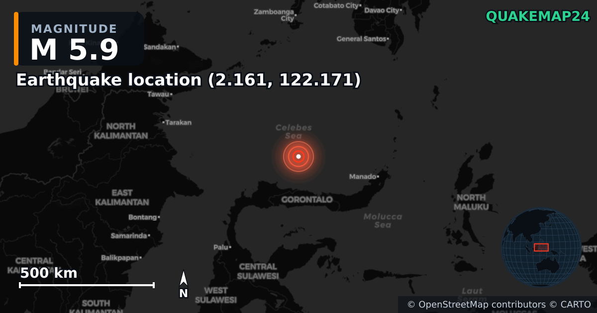 M5.9 earthquake near Deprem konumu (2.161, 122.171) on Apr 2, 2026 — map of epicenter and shaking intensity | QuakeMap24