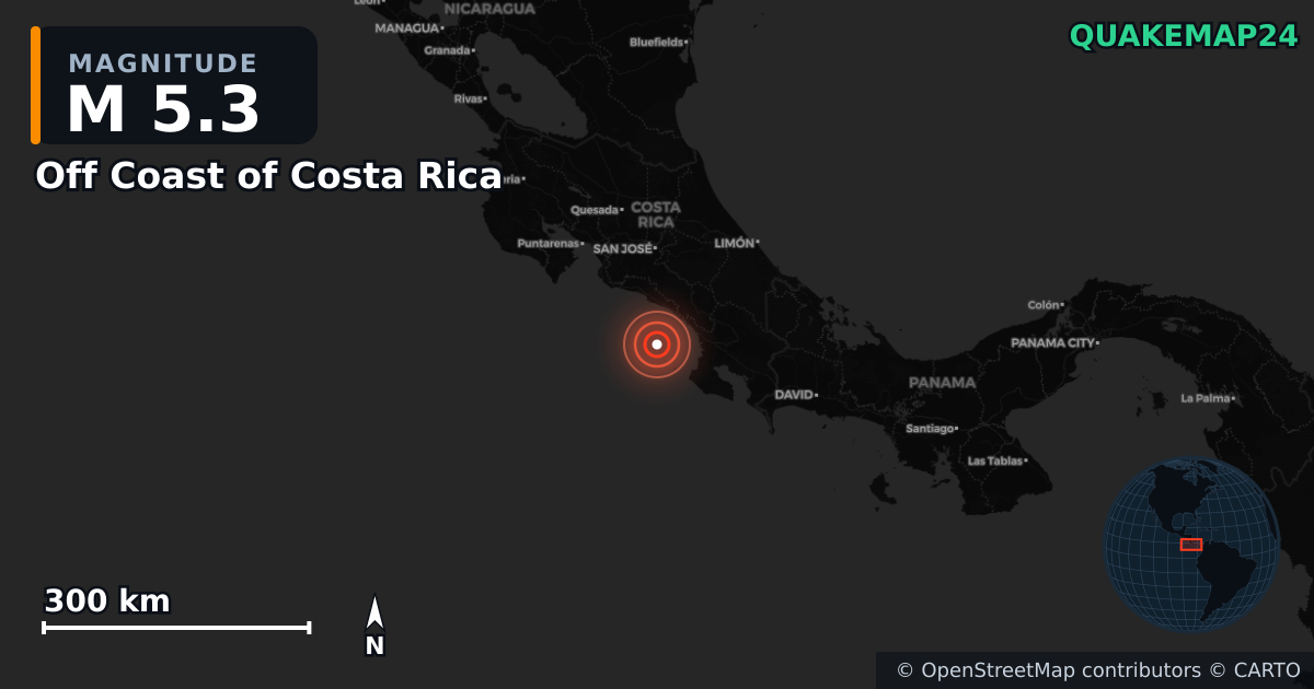 M5.3 earthquake near Off Coast of Costa Rica on Nov 18, 2025 — map of epicenter and shaking intensity | QuakeMap24