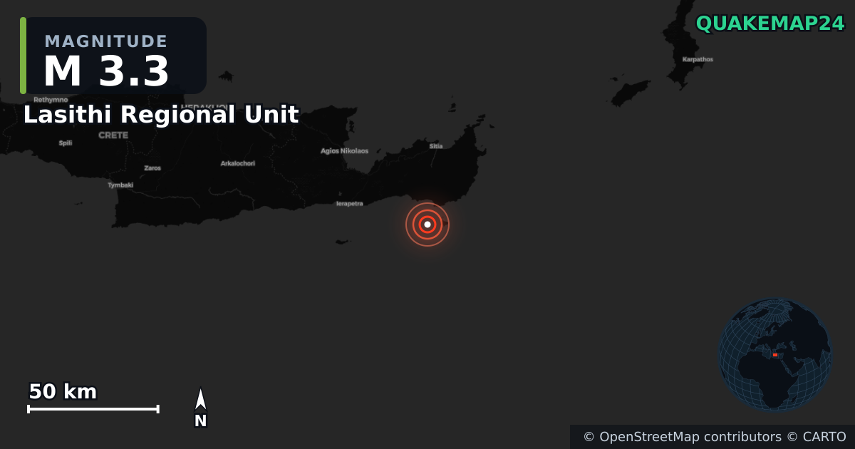 Erdbeben M3,3 bei Lasithi Regional Unit, Region of Crete (Griechenland) · 2026-06-25 — Karte der Lage des Epizentrums