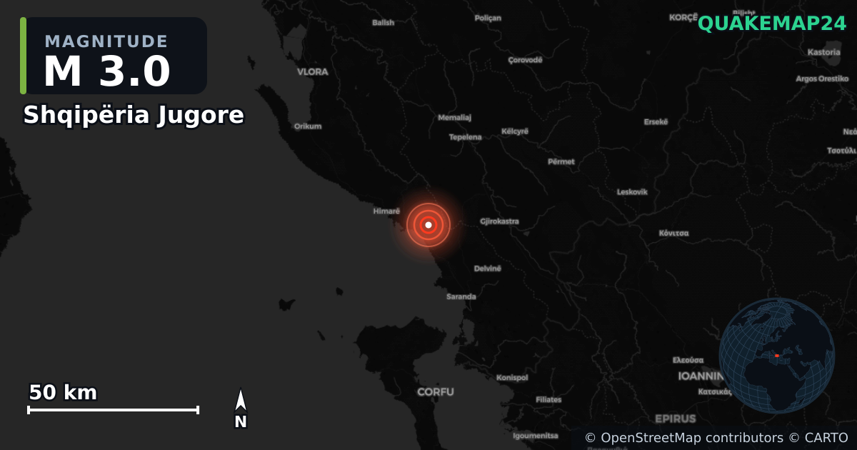 M3.0 earthquake near Shqipëria Jugore on Nov 6, 2025 — map of epicenter and shaking intensity | QuakeMap24