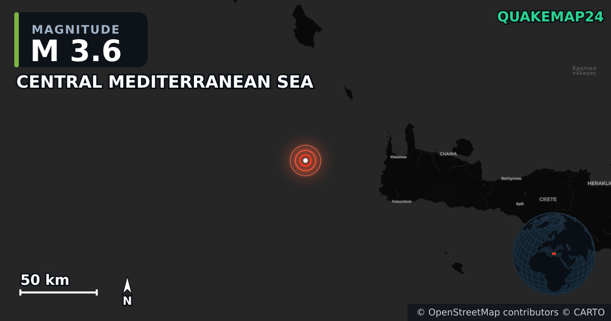 M3.6 Earthquake near CENTRAL MEDITERRANEAN SEA · 2025-11-11 — Map showing the location of the epicenter