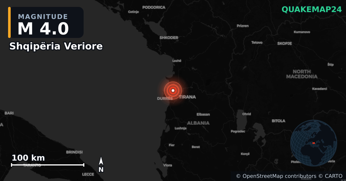 M4.0 earthquake near Shqipëria Veriore on Jun 27, 2025 — map of epicenter and shaking intensity | QuakeMap24