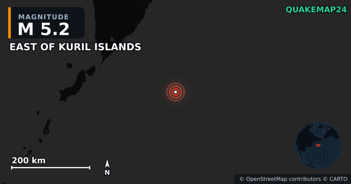 M5.2 earthquake near EAST OF KURIL ISLANDS on May 29, 2026 — map of epicenter and shaking intensity | QuakeMap24