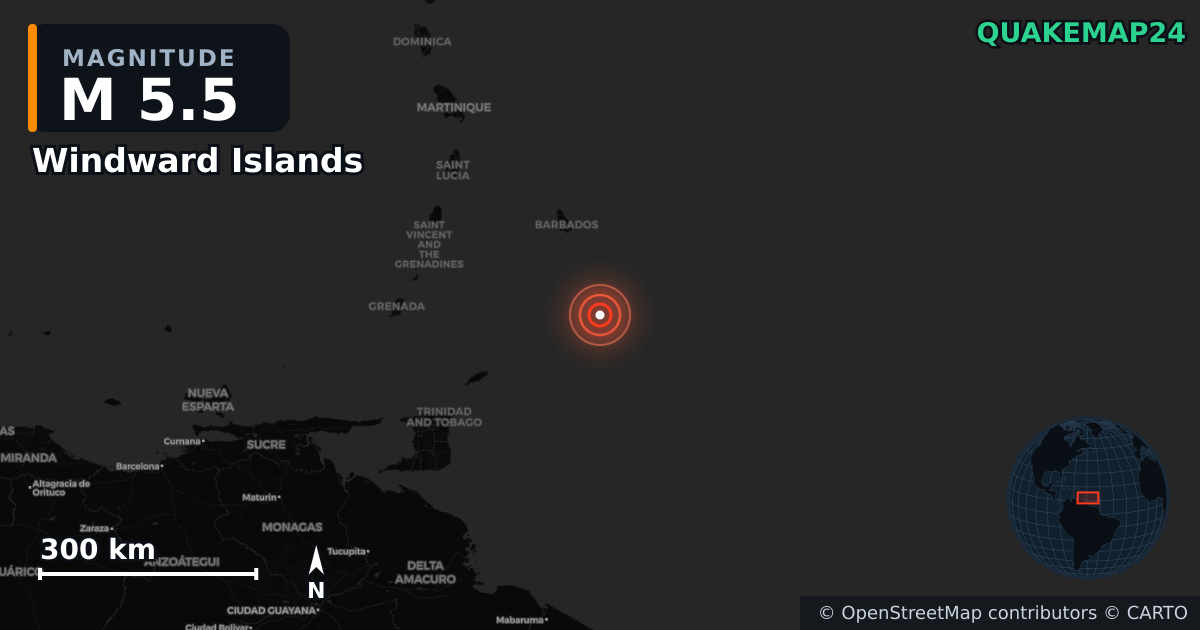 Erdbeben M5,5 bei Windward Islands — Karte der Lage des Epizentrums