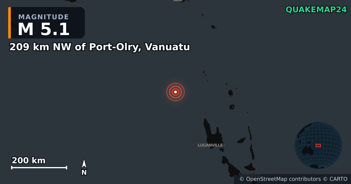 M5.1 Earthquake near 209 km NW of Port-Olry, Vanuatu · 2026-10-24 — Map showing the location of the epicenter