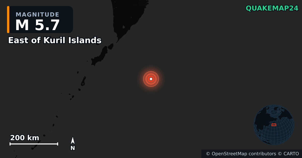 M5.7 earthquake near East of Kuril Islands on Jul 30, 2025 — map of epicenter and shaking intensity | QuakeMap24