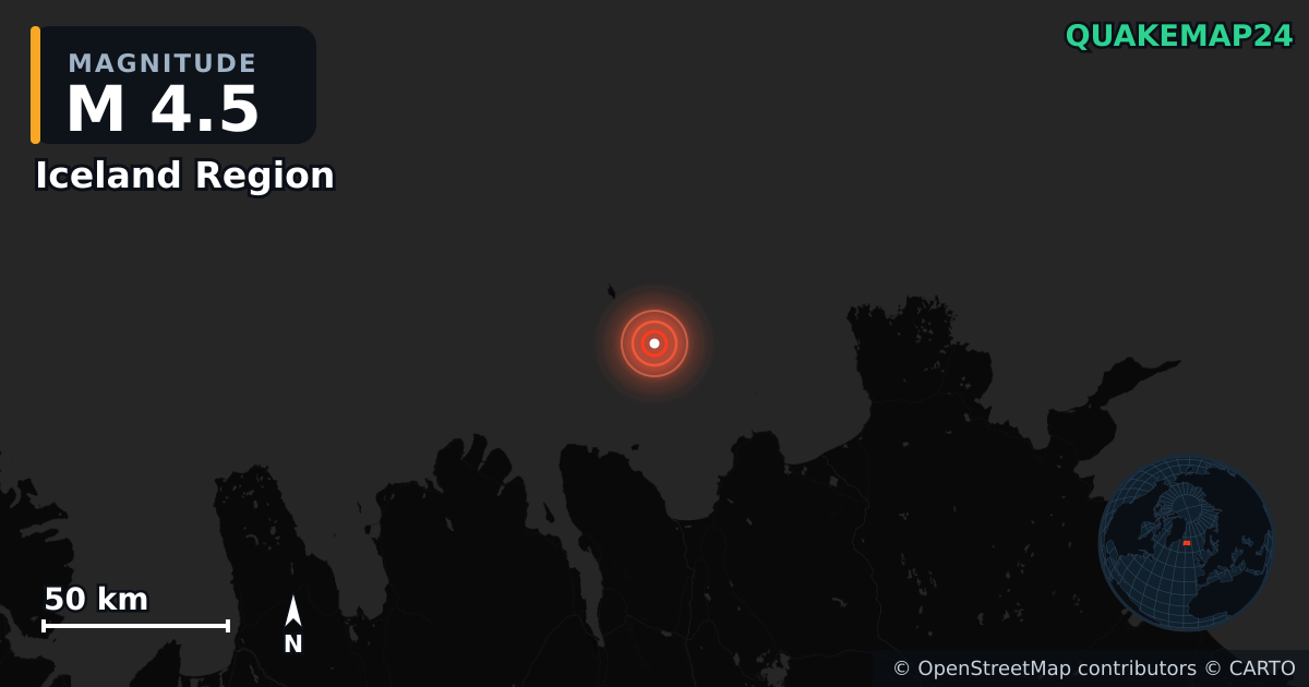 M4.5 earthquake near Iceland Region on May 14, 2025 — map of epicenter and shaking intensity | QuakeMap24
