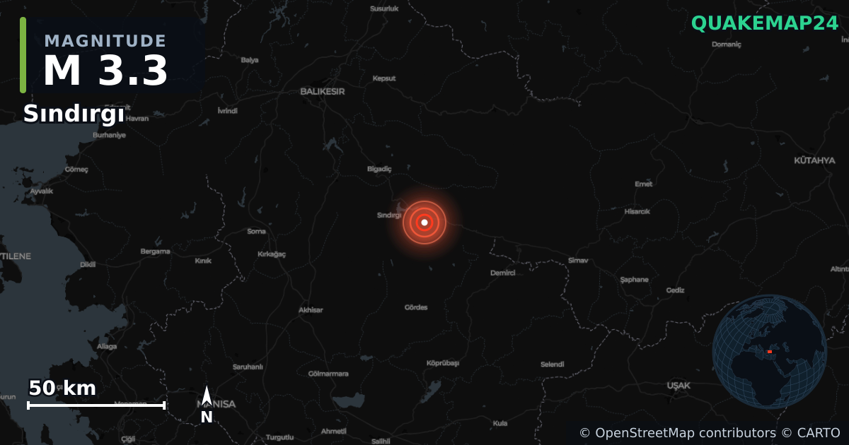 Terremoto de M3,3 cerca de Sındırgı (Turquía) · 2025-12-13 — Mapa de la ubicación del epicentro