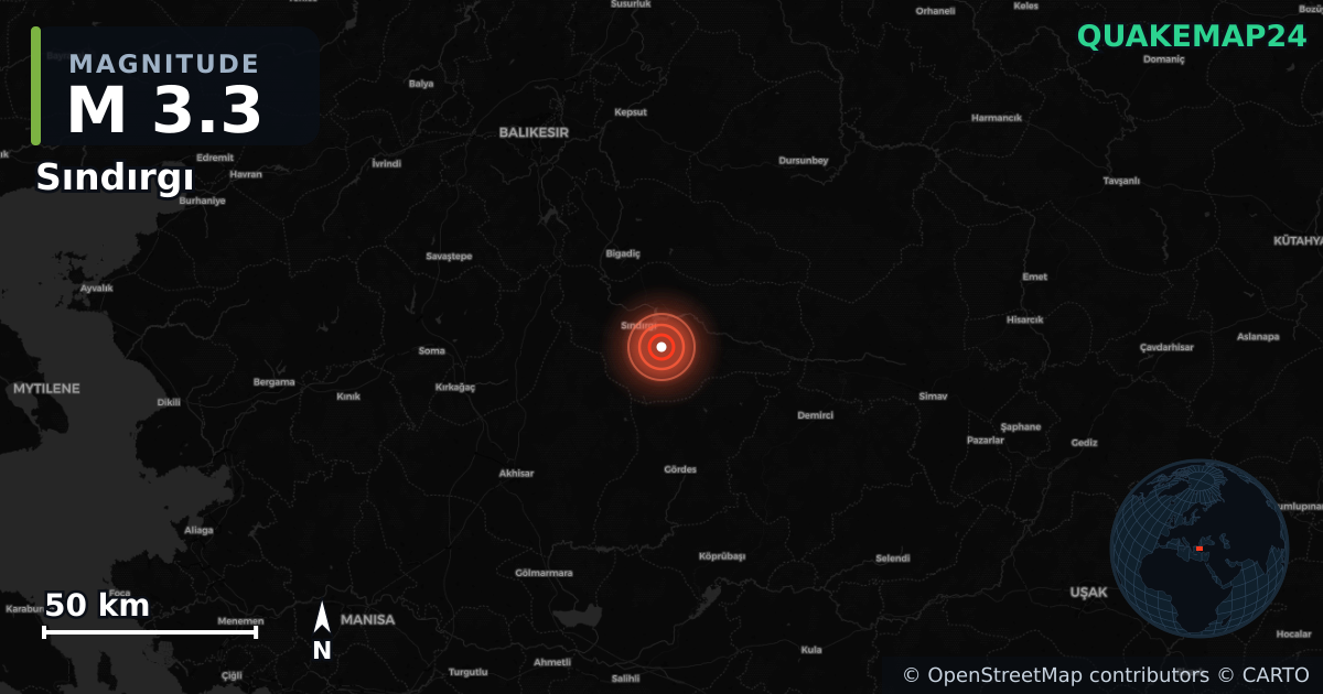 M3.3 earthquake near Sındırgı on Sep 21, 2025 — map of epicenter and shaking intensity | QuakeMap24