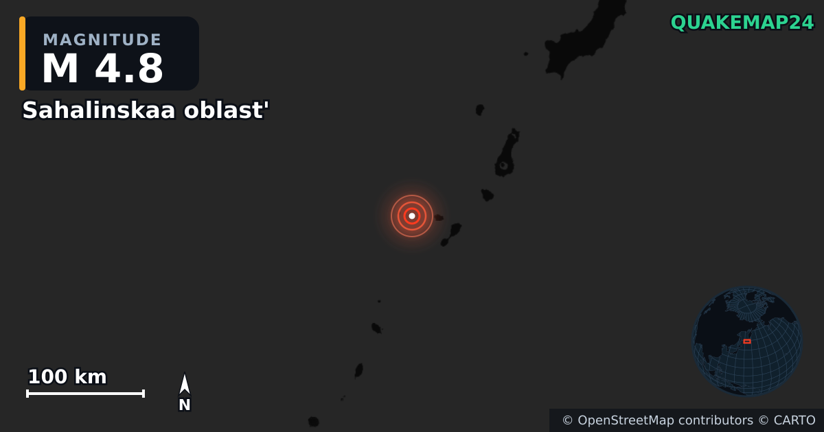 M4.8 earthquake near Sahalinskaa oblast' on Dec 10, 2025 — map of epicenter and shaking intensity | QuakeMap24