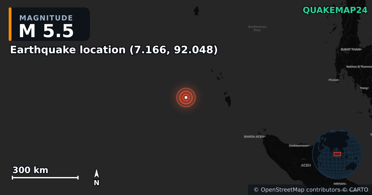 M5.5 earthquake near Local do sismo (7.166, 92.048) on Mar 12, 2025 — map of epicenter and shaking intensity | QuakeMap24