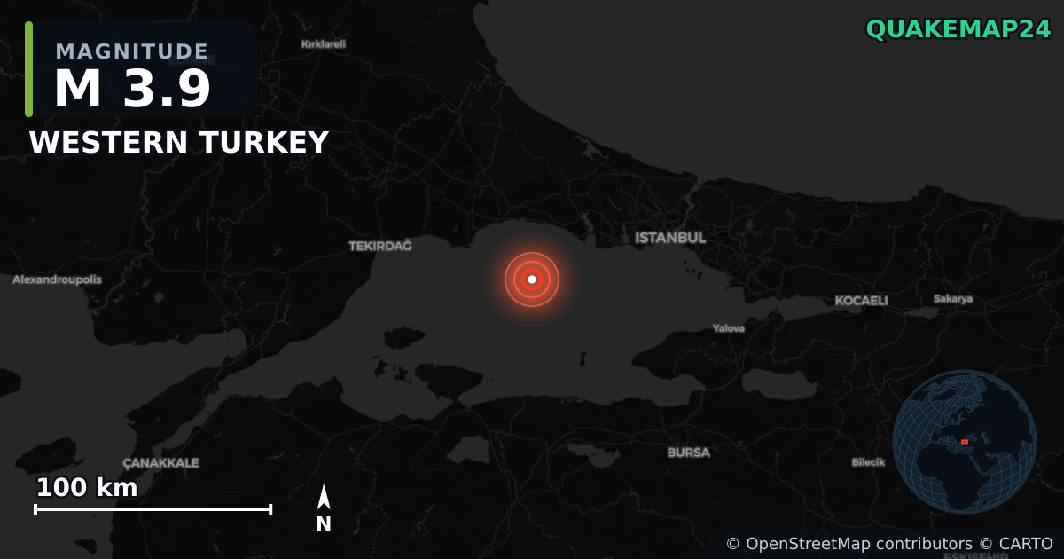 M3.9 earthquake near WESTERN TURKEY on Jul 5, 2025 — map of epicenter and shaking intensity | QuakeMap24