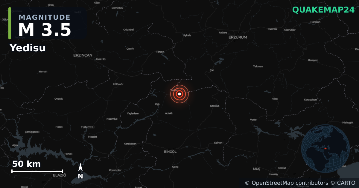 Terremoto de M3,5 cerca de Yedisu (Turquía) · 2026-01-02 — Mapa de la ubicación del epicentro