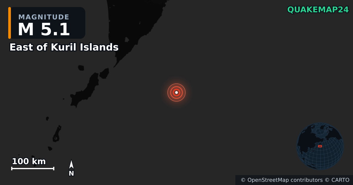 M5.1 earthquake near East of Kuril Islands on Jul 30, 2025 — map of epicenter and shaking intensity | QuakeMap24