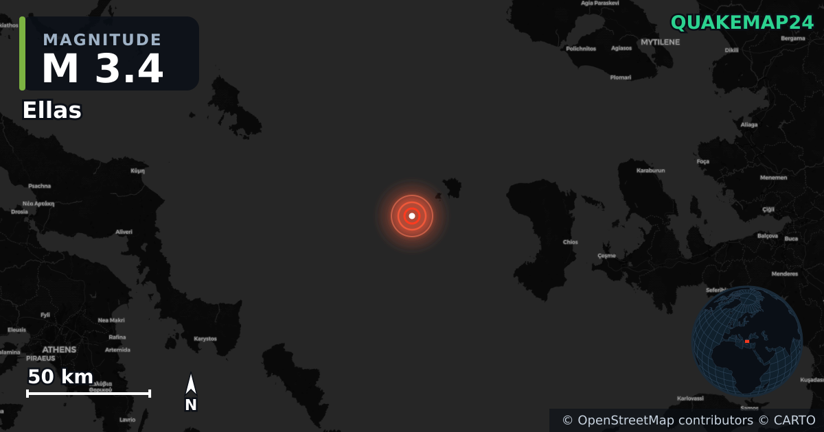 M3.4 earthquake near Ellas on Jan 12, 2026 — map of epicenter and shaking intensity | QuakeMap24