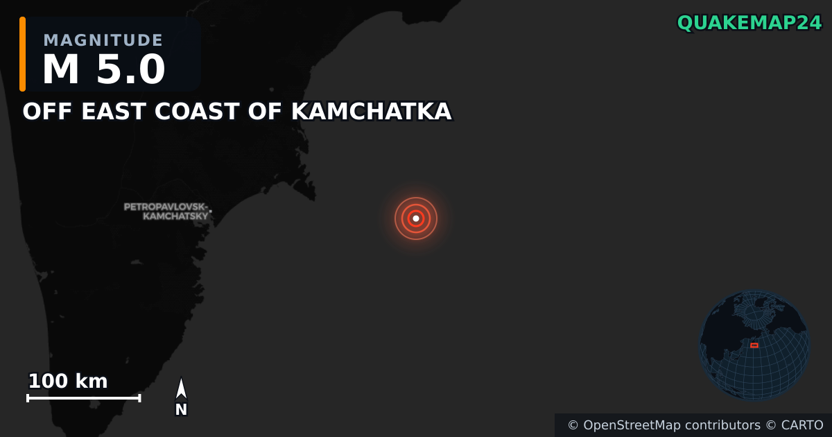 M5.0 earthquake near OFF EAST COAST OF KAMCHATKA on Sep 20, 2025 — map of epicenter and shaking intensity | QuakeMap24