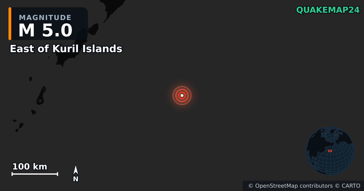 East of Kuril Islands yakınında M5,0 deprem — Deprem merkez üssünün konumunu gösteren harita