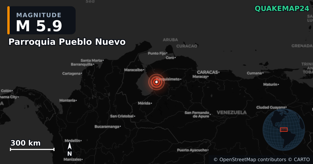 M5.9 earthquake near Parroquia Pueblo Nuevo on Sep 24, 2025 — map of epicenter and shaking intensity | QuakeMap24