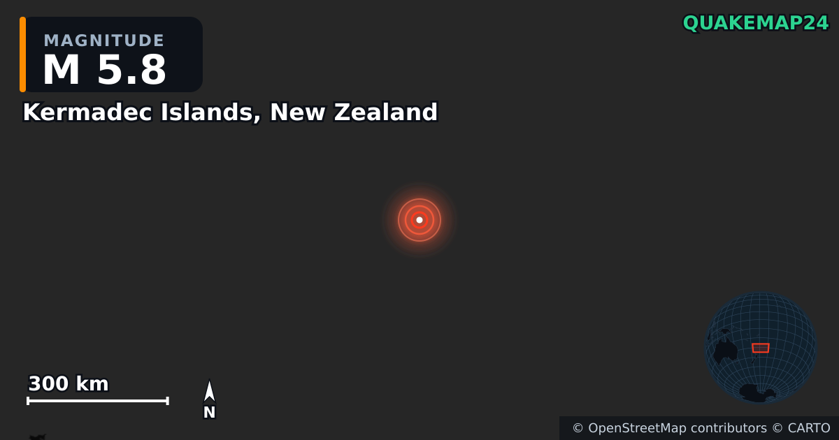 M5.8 earthquake near Kermadec Islands, New Zealand on Mar 31, 2026 — map of epicenter and shaking intensity | QuakeMap24