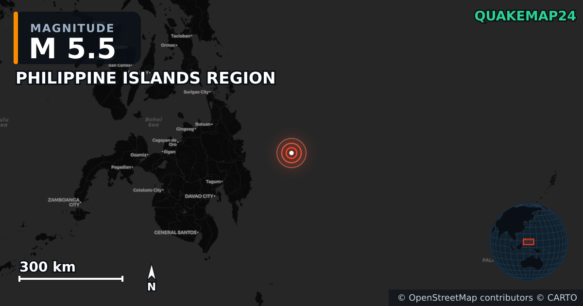M5.5 earthquake near PHILIPPINE ISLANDS REGION on Jul 19, 2025 — map of epicenter and shaking intensity | QuakeMap24