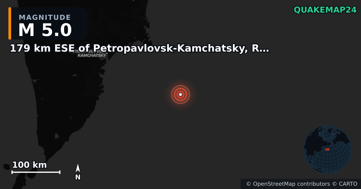 179 km ESE of Petropavlovsk-Kamchatsky, Russia yakınında M5,0 deprem — Deprem merkez üssünün konumunu gösteren harita
