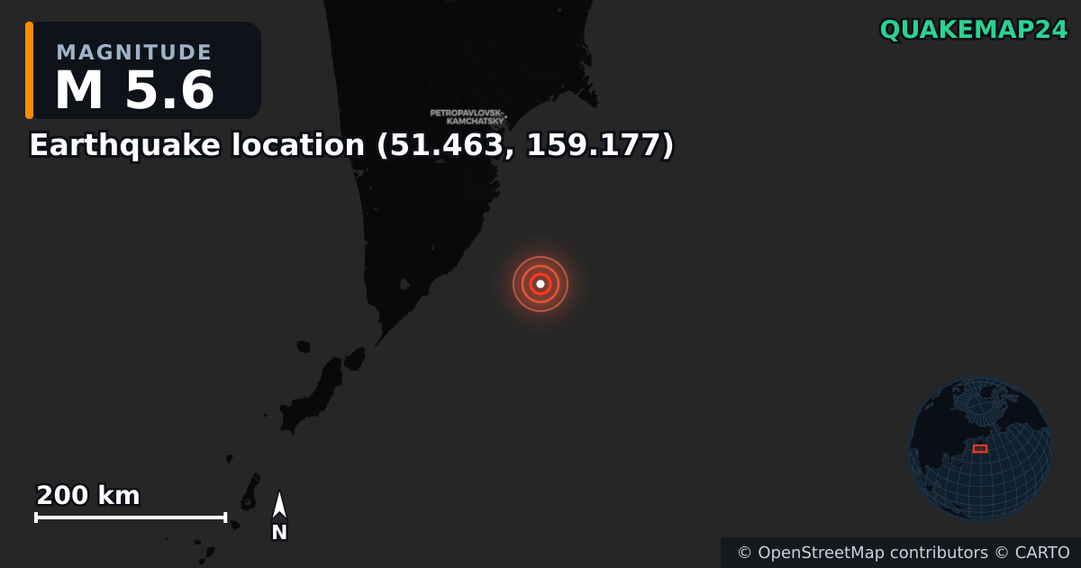 M5.6 earthquake near Τοποθεσία σεισμού (51.463, 159.177) on Jan 28, 2026 — map of epicenter and shaking intensity | QuakeMap24