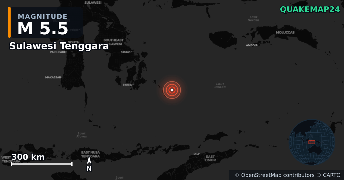 M5.5 earthquake near Sulawesi Tenggara on Jul 27, 2025 — map of epicenter and shaking intensity | QuakeMap24