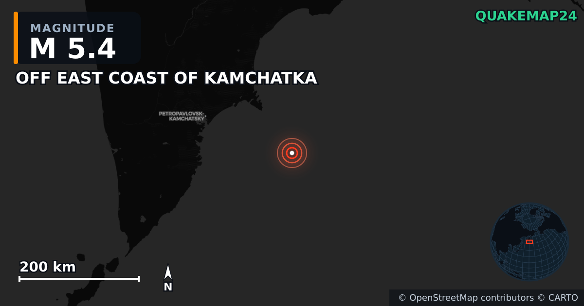 M5.4 earthquake near OFF EAST COAST OF KAMCHATKA on Sep 19, 2025 — map of epicenter and shaking intensity | QuakeMap24