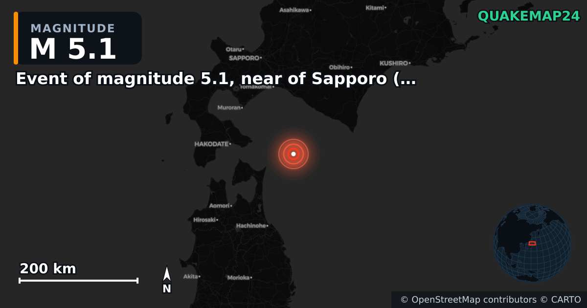 M5.1 earthquake near Event of magnitude 5.1, near of Sapporo (Monde) on Feb 20, 2026 — map of epicenter and shaking intensity | QuakeMap24